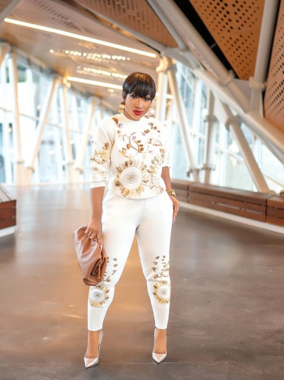 White Floral Embroidered Knit pant set